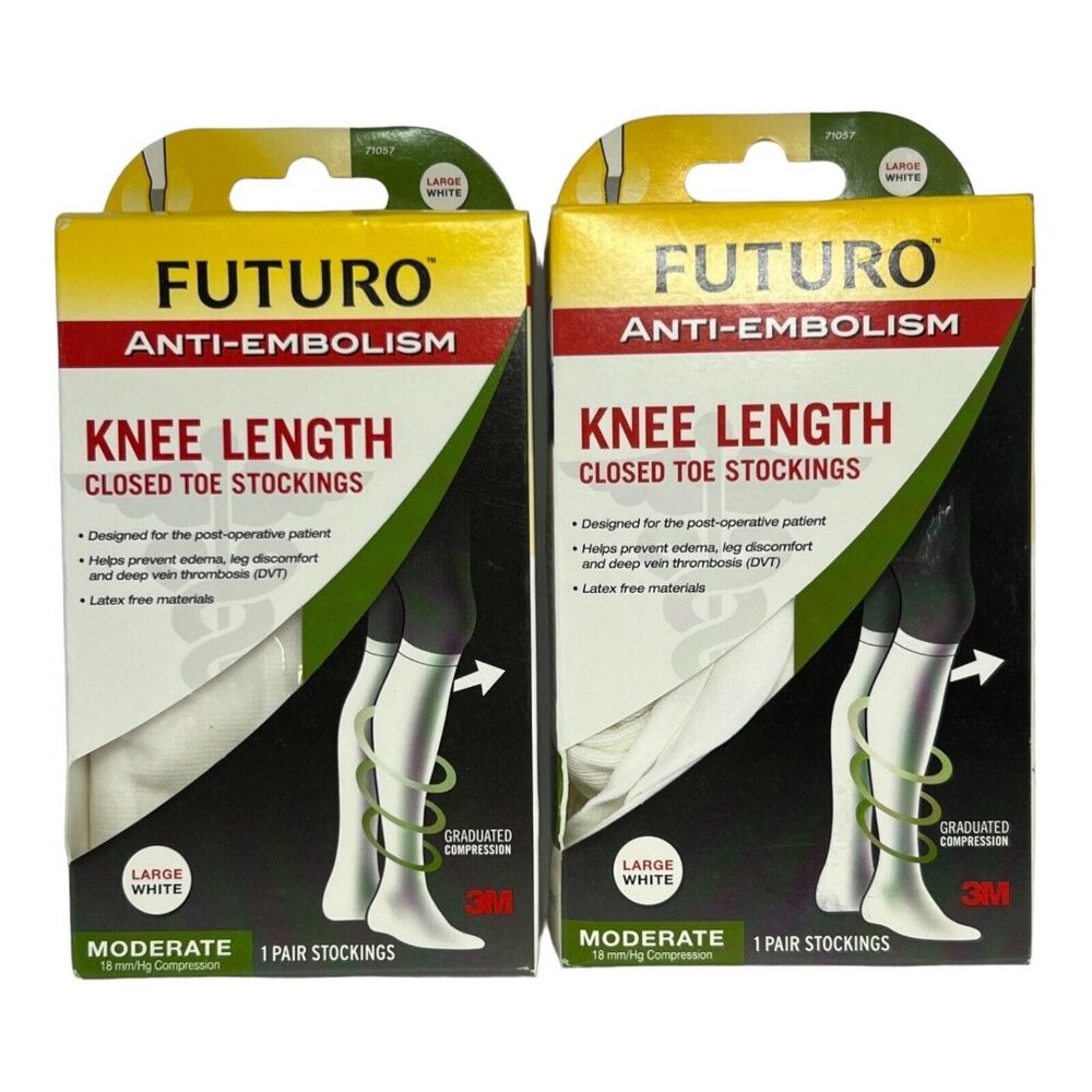 Futuro Stockings Unisex L Anti Embolism‎ Knee Length Closed Toe White 71057 2 PK